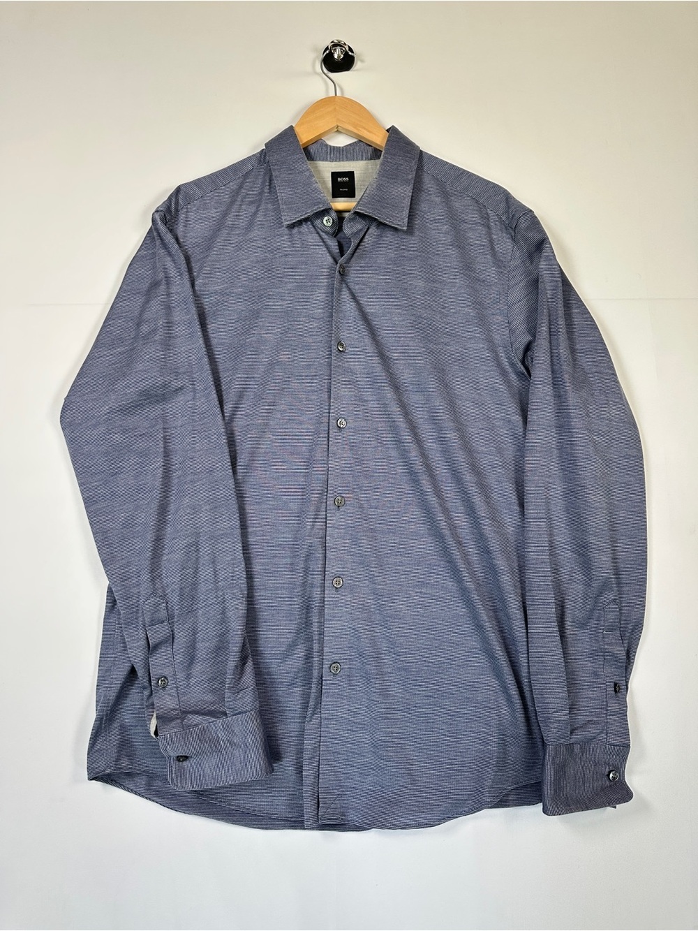 Hugo Boss Luxury Cotton Silk Blend Dress Shirt Blue Micro Texture Tailored XL